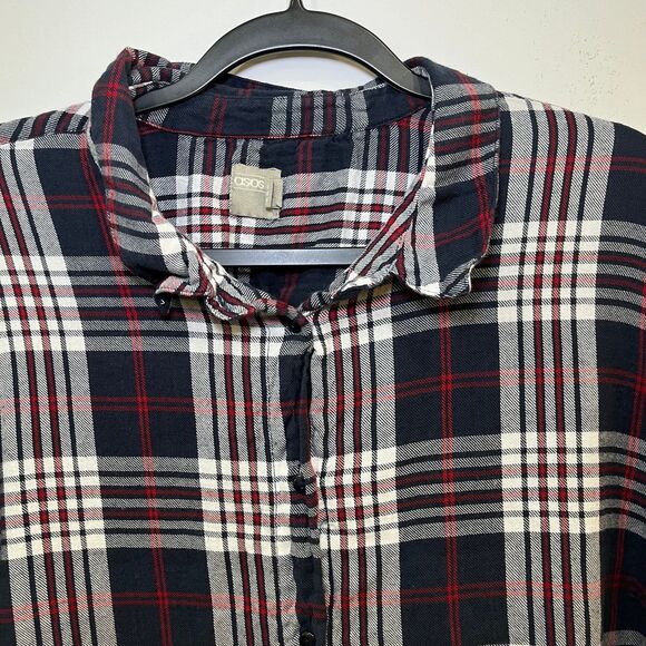 ASOS Plaid Button Up Longsleeve Ruffle Smock Dress Size 16 - Picture 2 of 7